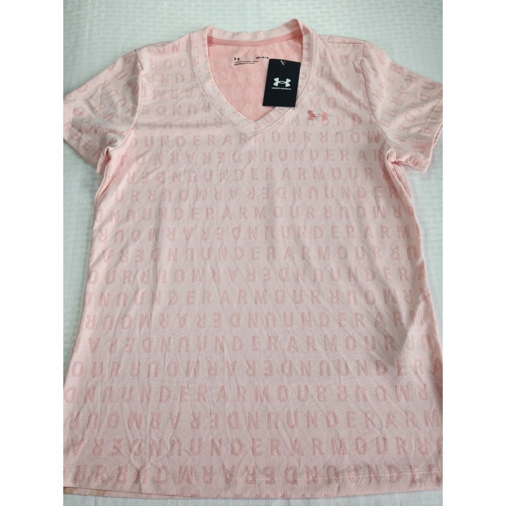 Under Armour Womens Pink V-Neck Jacquard Logo Active Shirt MD 1366971 NWT